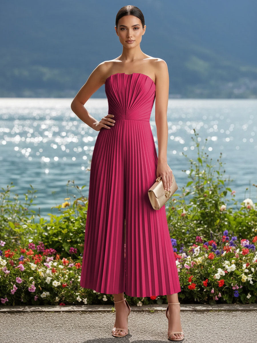 Strapless Chiffon Pleated Tea-Length Formal Jumpsuits for Women