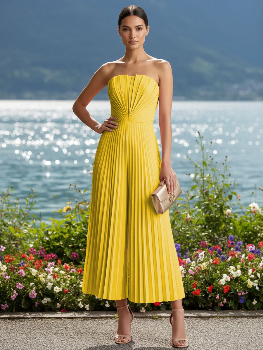 Strapless Chiffon Pleated Tea-Length Formal Jumpsuits for Women
