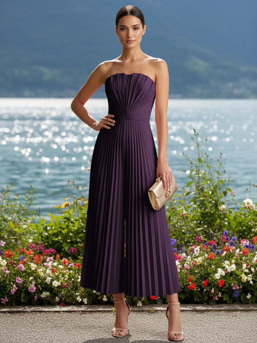 Strapless Chiffon Pleated Tea-Length Formal Jumpsuits for Women