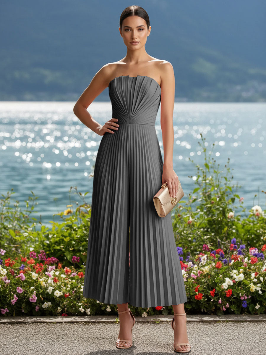 Strapless Chiffon Pleated Tea-Length Formal Jumpsuits for Women