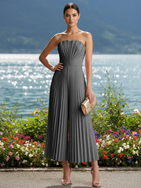 Strapless Chiffon Pleated Tea-Length Formal Jumpsuits for Women