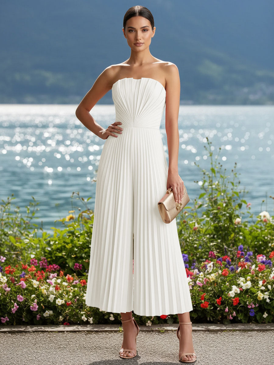 Strapless Chiffon Pleated Tea-Length Formal Jumpsuits for Women