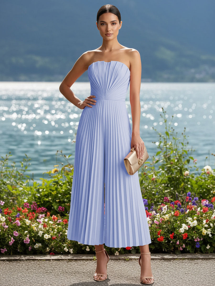 Strapless Chiffon Pleated Tea-Length Formal Jumpsuits for Women