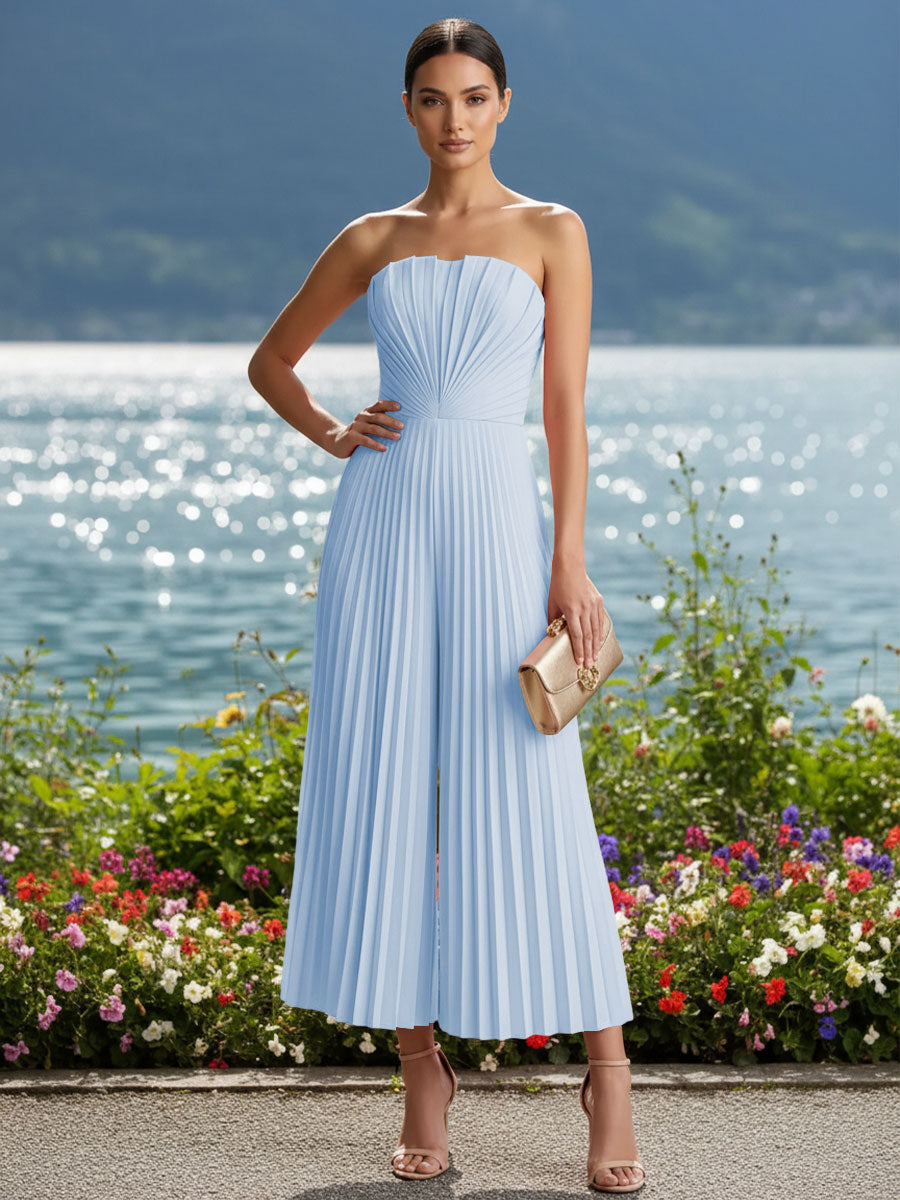 Strapless Chiffon Pleated Tea-Length Formal Jumpsuits for Women