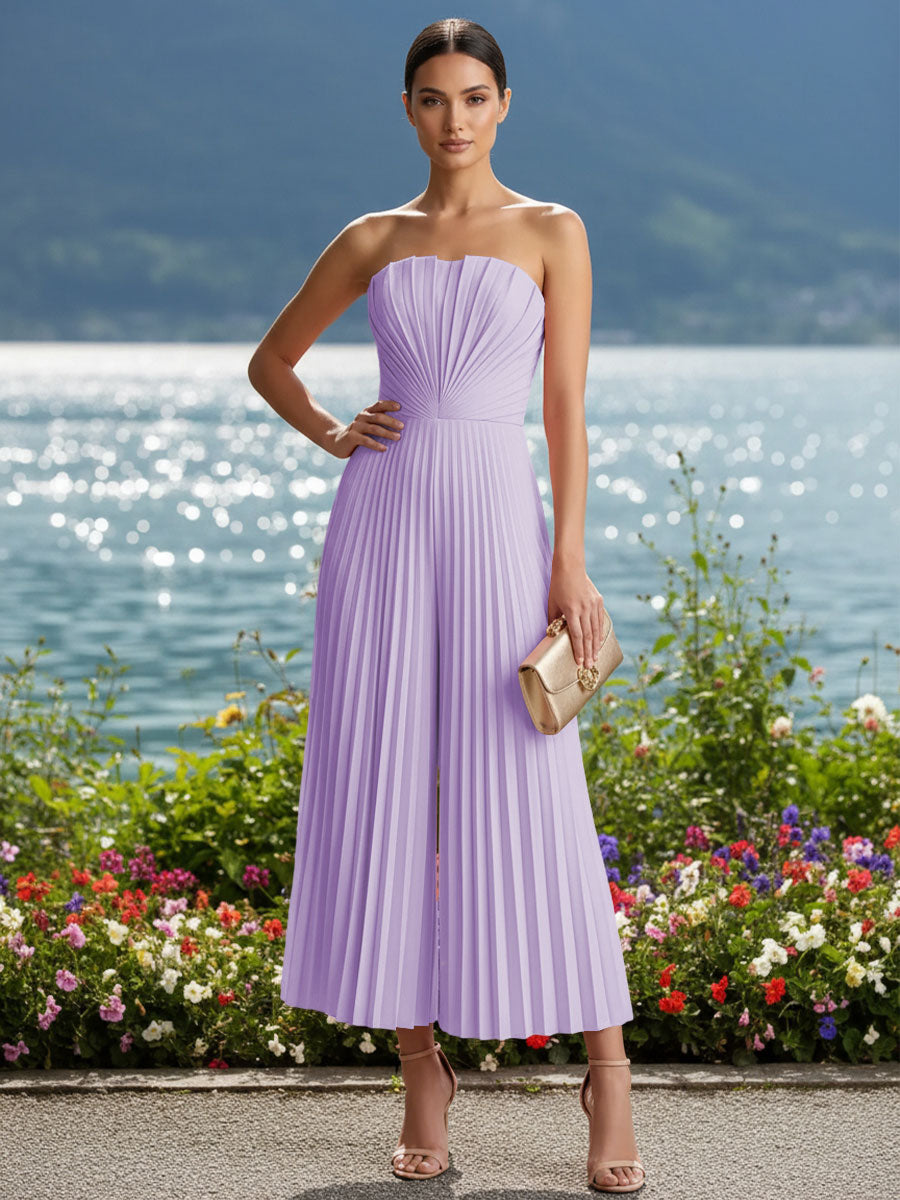 Strapless Chiffon Pleated Tea-Length Formal Jumpsuits for Women