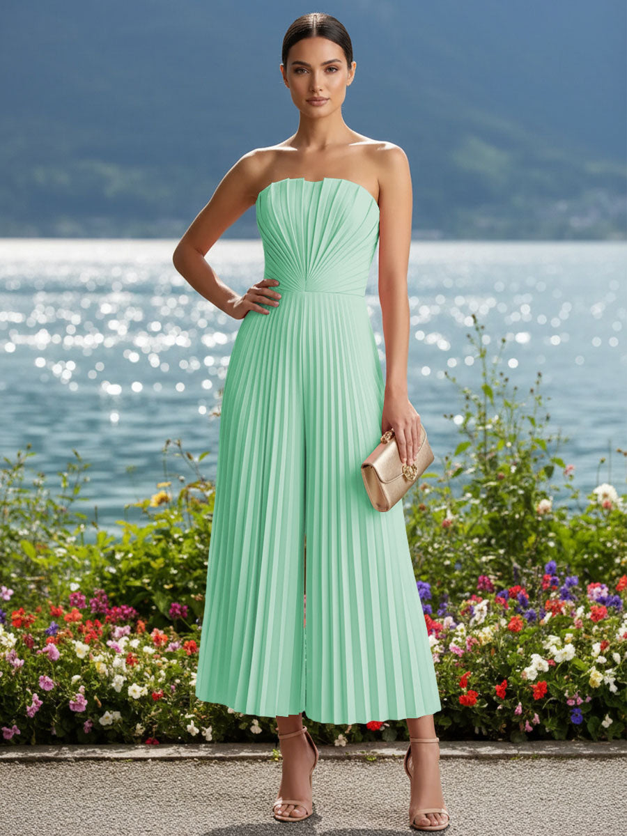 Strapless Chiffon Pleated Tea-Length Formal Jumpsuits for Women