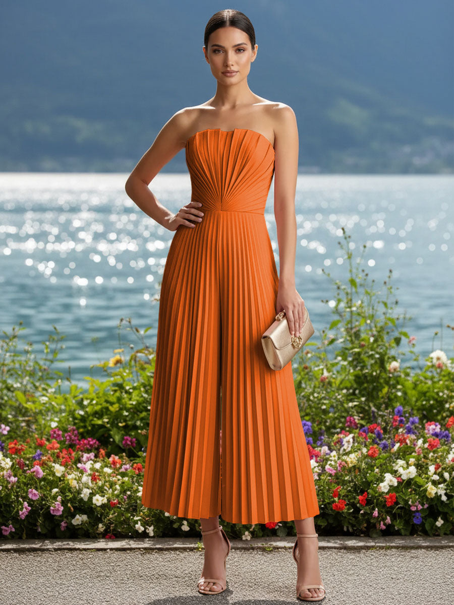 Strapless Chiffon Pleated Tea-Length Formal Jumpsuits for Women