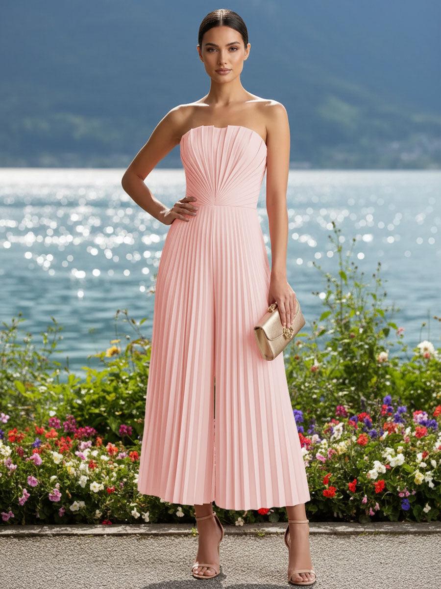 Strapless Chiffon Pleated Tea-Length Formal Jumpsuits for Women