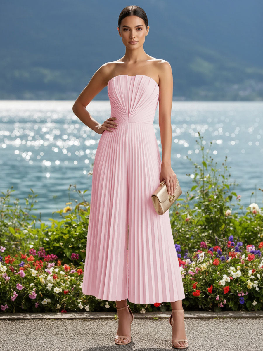 Strapless Chiffon Pleated Tea-Length Formal Jumpsuits for Women