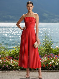 Strapless Chiffon Pleated Tea-Length Formal Jumpsuits for Women