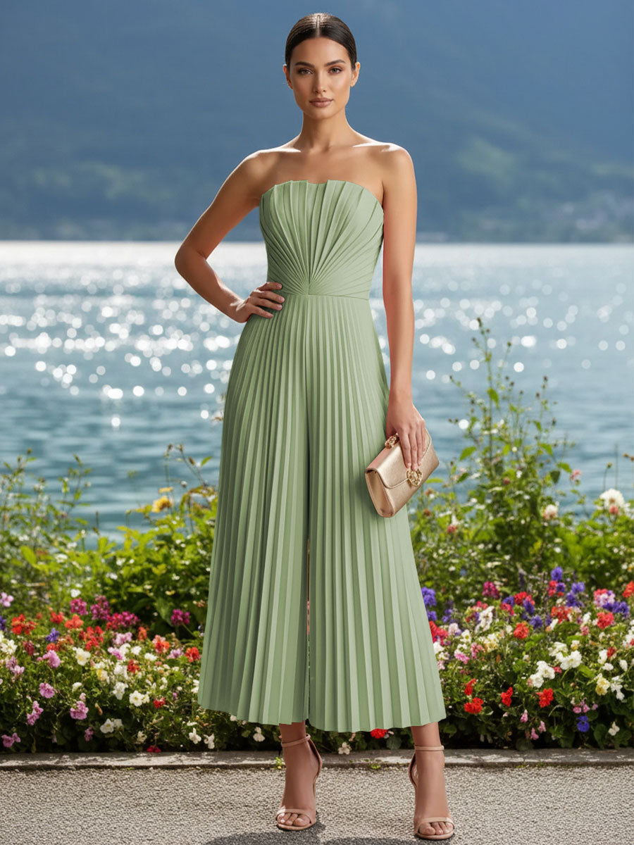Strapless Chiffon Pleated Tea-Length Formal Jumpsuits for Women