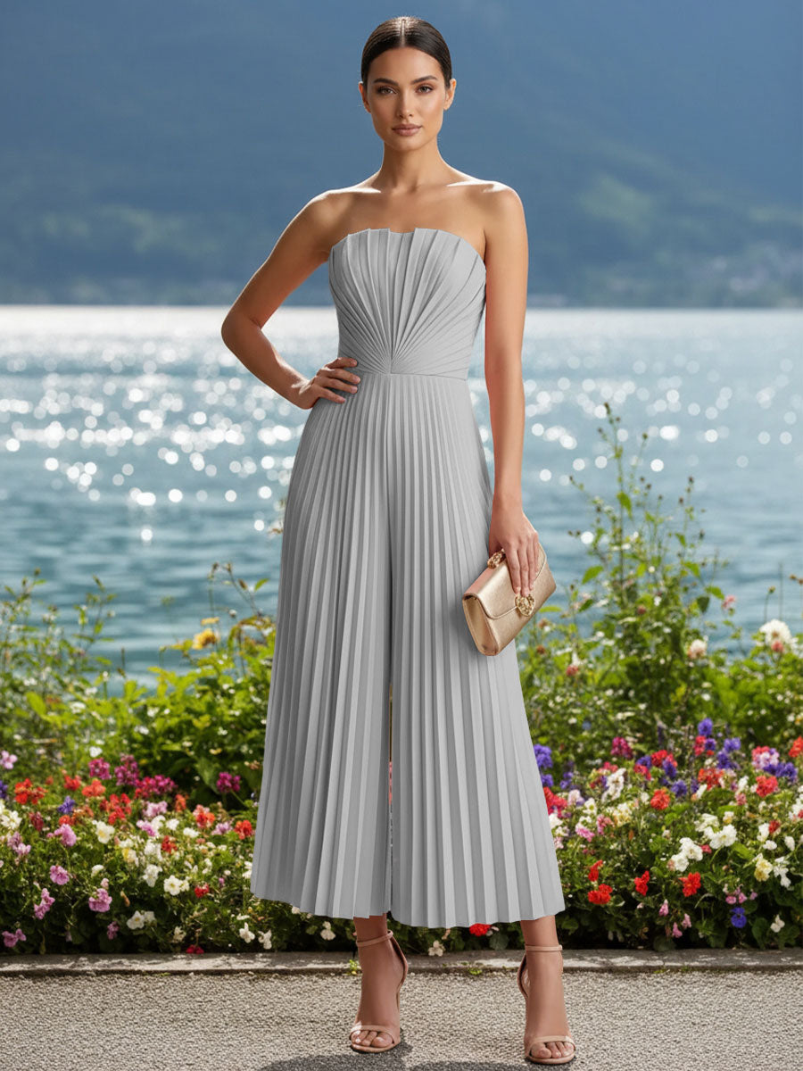 Strapless Chiffon Pleated Tea-Length Formal Jumpsuits for Women