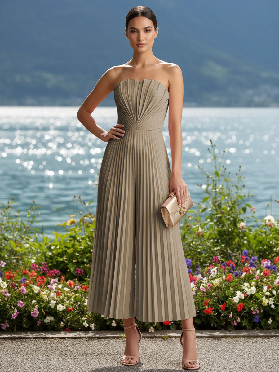 Strapless Chiffon Pleated Tea-Length Formal Jumpsuits for Women