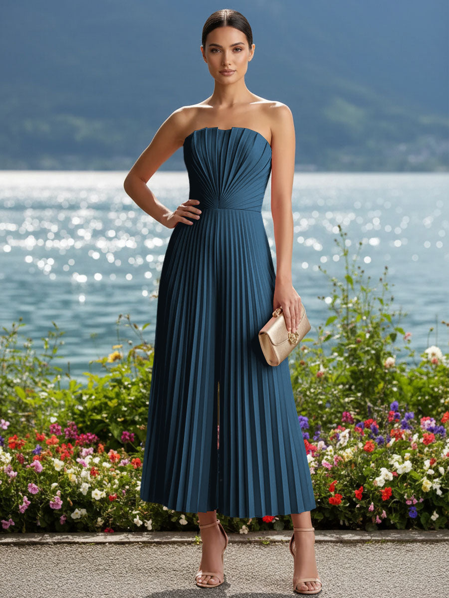 Strapless Chiffon Pleated Tea-Length Formal Jumpsuits for Women
