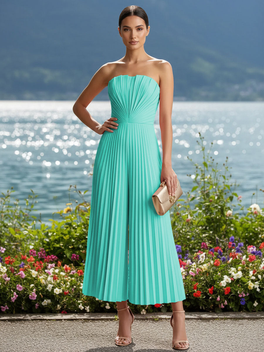 Strapless Chiffon Pleated Tea-Length Formal Jumpsuits for Women