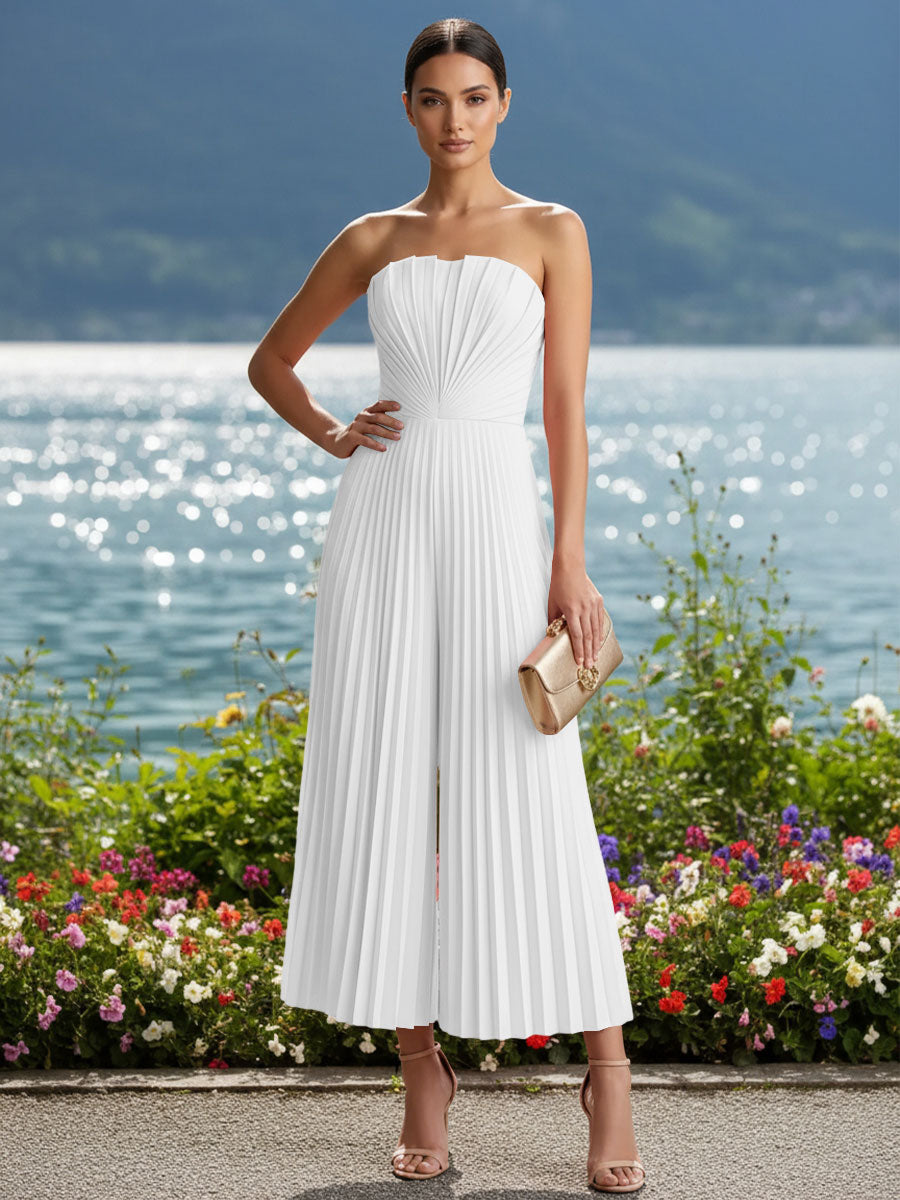Strapless Chiffon Pleated Tea-Length Formal Jumpsuits for Women