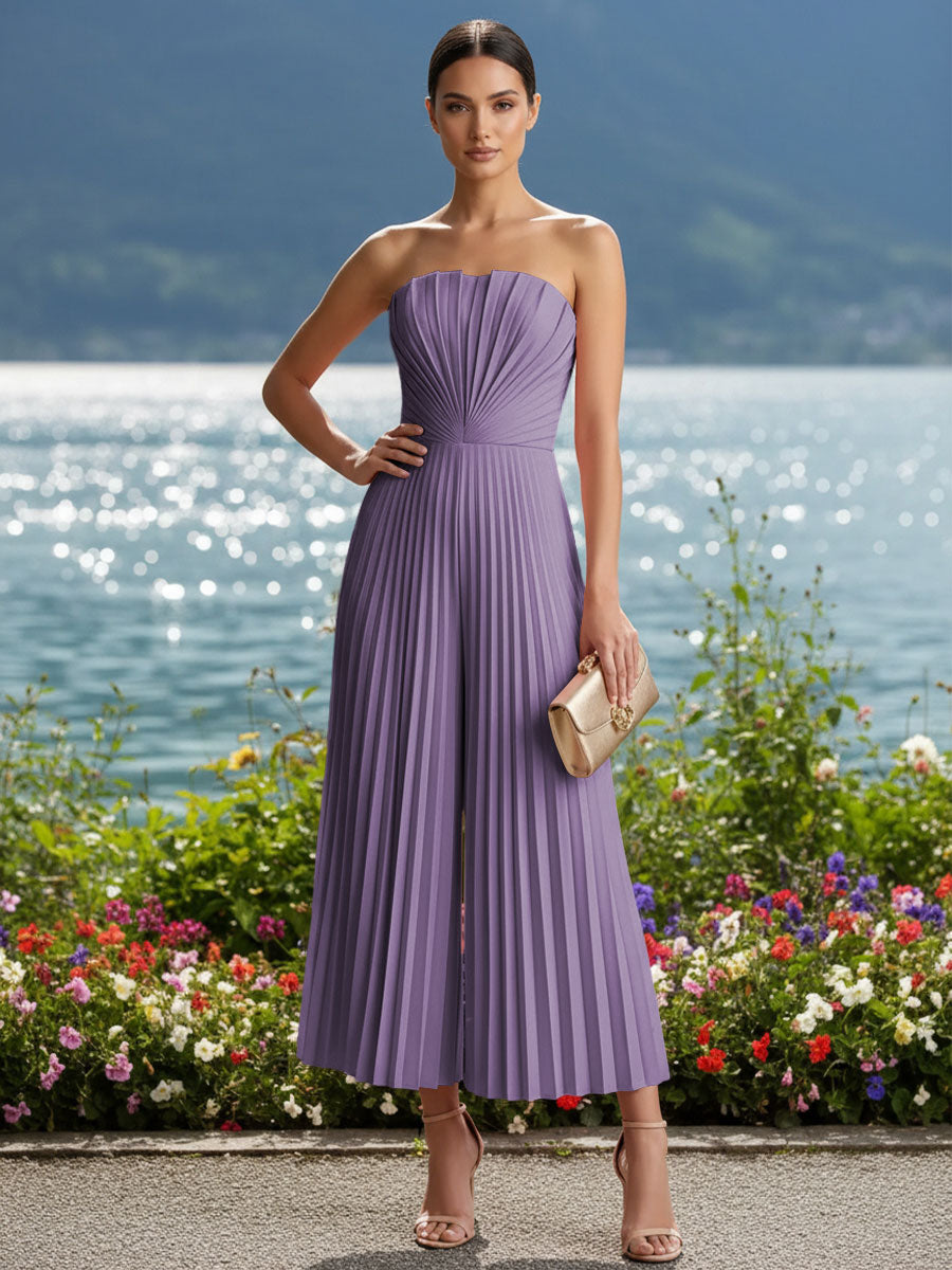 Strapless Chiffon Pleated Tea-Length Formal Jumpsuits for Women