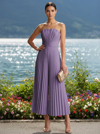 Strapless Chiffon Pleated Tea-Length Formal Jumpsuits for Women