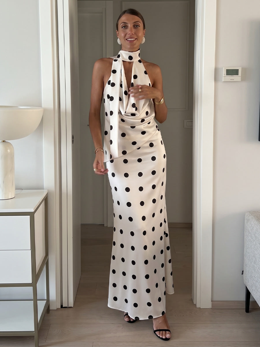Satin Sheath/Column Halter Floor-Length Formal Dresses with Polka Dot Print
