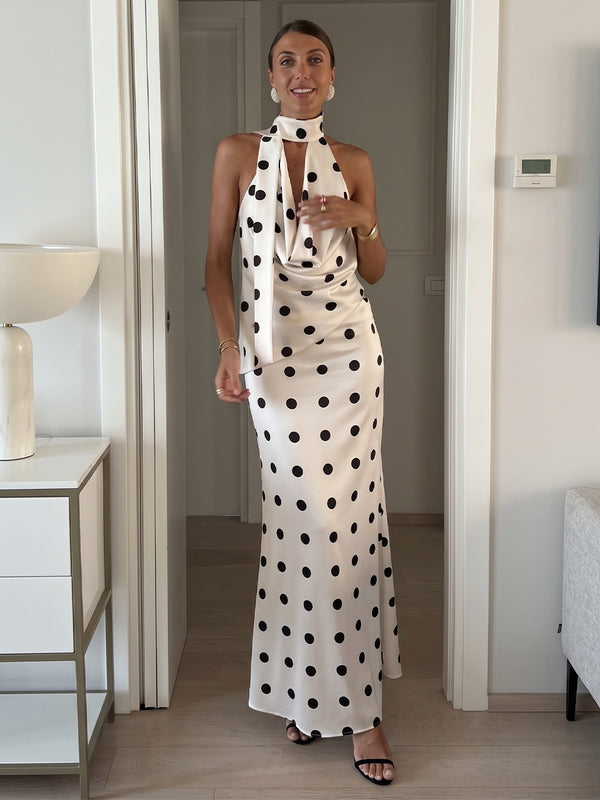 Satin Sheath/Column Halter Floor-Length Formal Dresses with Polka Dot Print