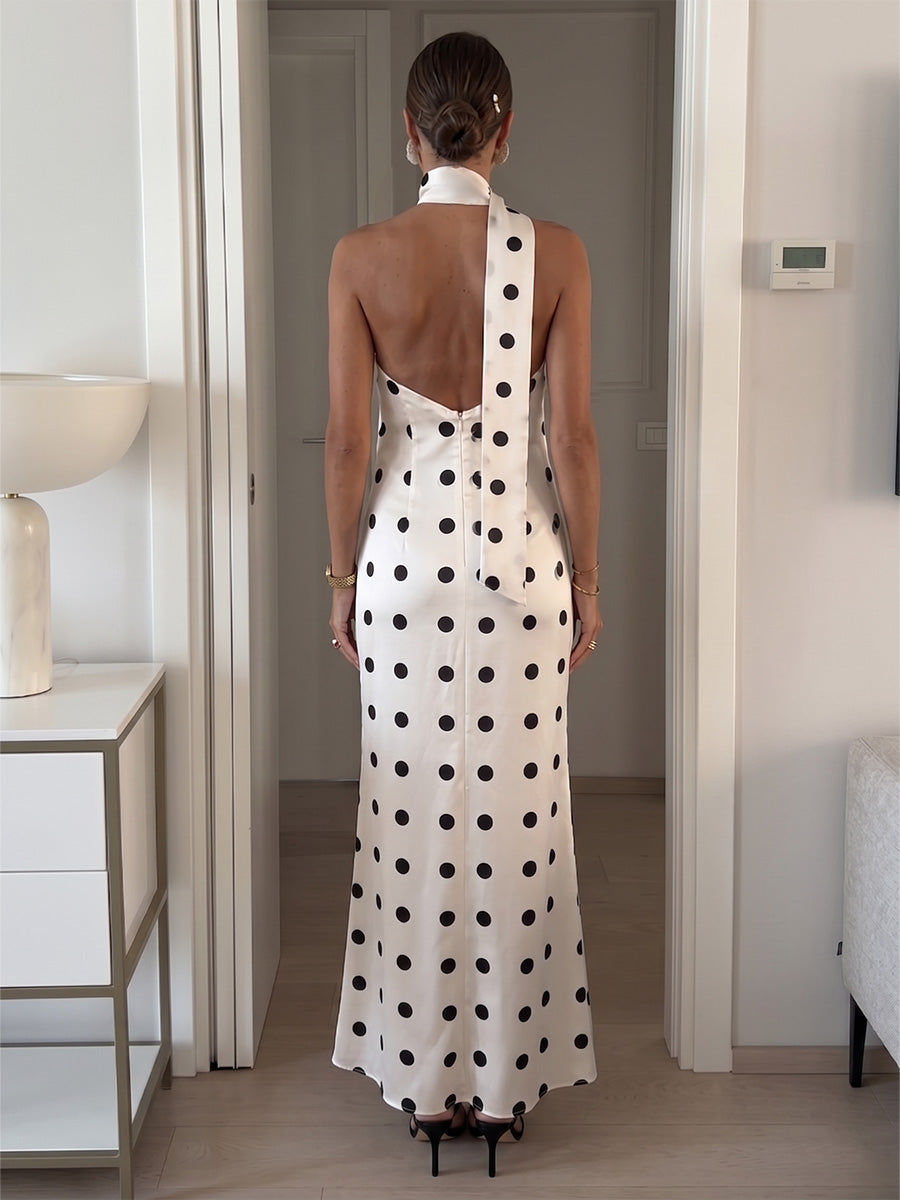 Satin Sheath/Column Halter Floor-Length Formal Dresses with Polka Dot Print