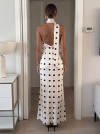 Satin Sheath/Column Halter Floor-Length Formal Dresses with Polka Dot Print