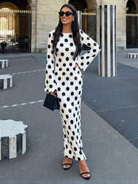 Satin Sheath/Column Scoop Neck Floor-Length Formal Dresses with Polka Dot Print