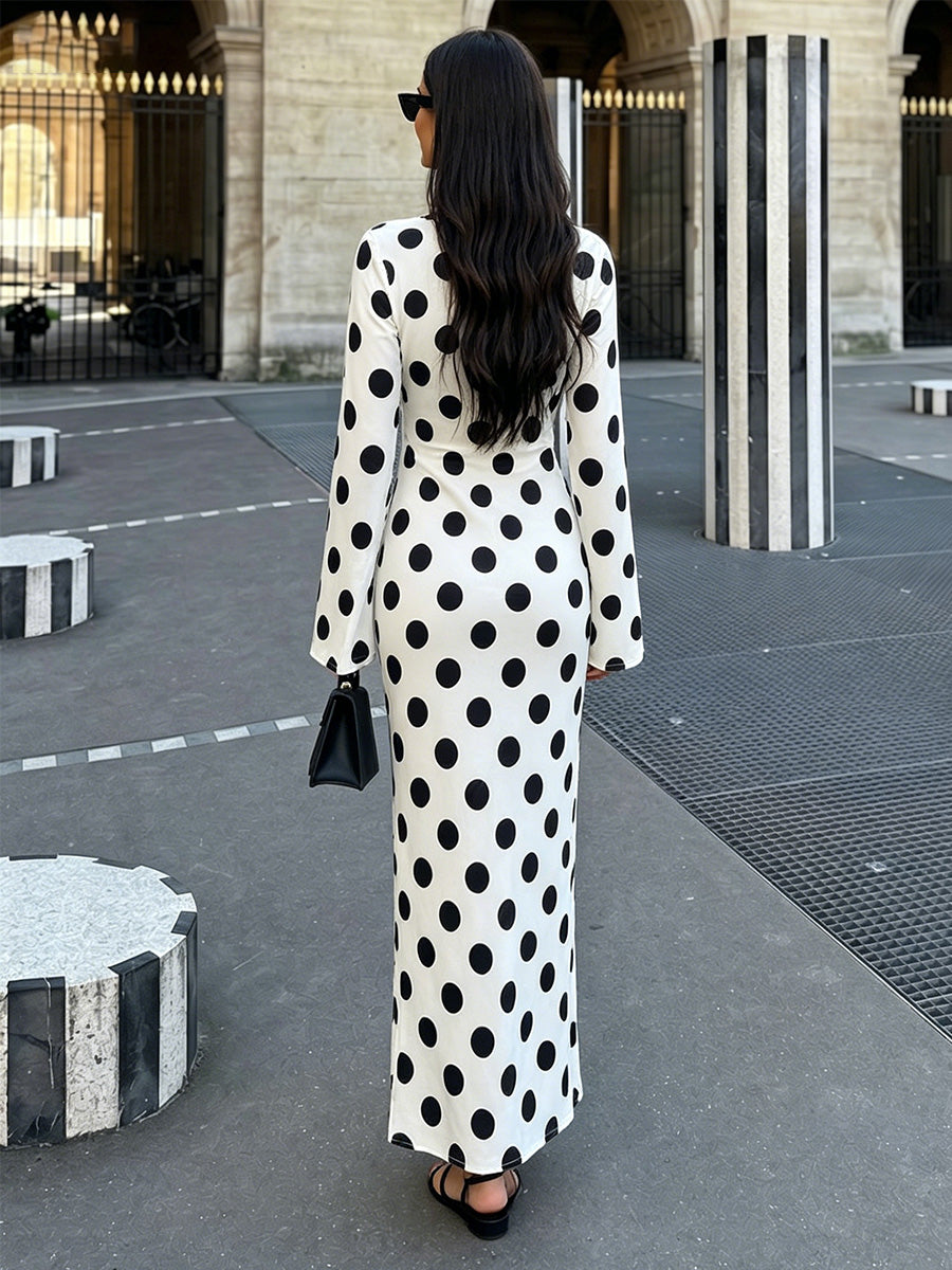 Satin Sheath/Column Scoop Neck Floor-Length Formal Dresses with Polka Dot Print