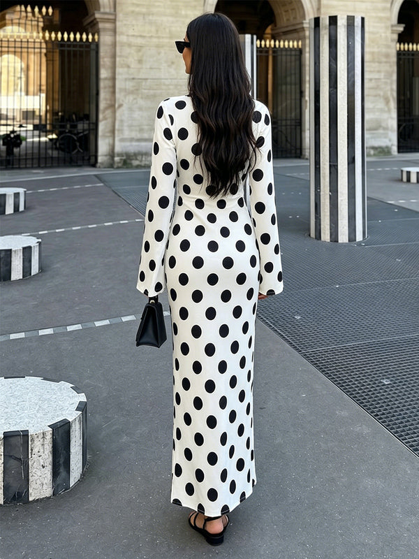Satin Sheath/Column Scoop Neck Floor-Length Formal Dresses with Polka Dot Print