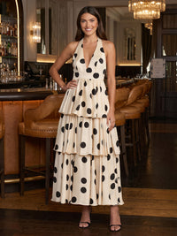 Satin A-Line/Princess Halter Floor-Length Formal Dresses with Polka Dot Print & Tiered