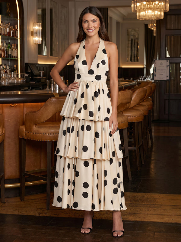 Satin A-Line/Princess Halter Floor-Length Formal Dresses with Polka Dot Print & Tiered