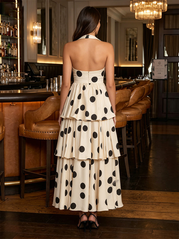 Satin A-Line/Princess Halter Floor-Length Formal Dresses with Polka Dot Print & Tiered