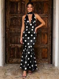 Satin Mermaid/Trumpet V-Neck Floor-Length Formal Dresses with Polka Dot Print