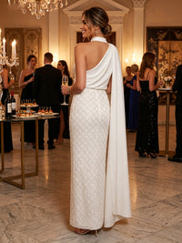 Sequin Sheath/Column One Shoulder Floor-Length Formal Dresses with Side Draped Sash