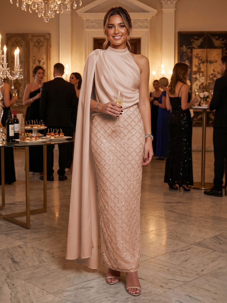 Sequin Sheath/Column One Shoulder Floor-Length Formal Dresses with Side Draped Sash