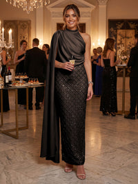 Sequin Sheath/Column One Shoulder Floor-Length Formal Dresses with Side Draped Sash