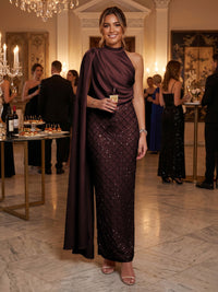 Sequin Sheath/Column One Shoulder Floor-Length Formal Dresses with Side Draped Sash