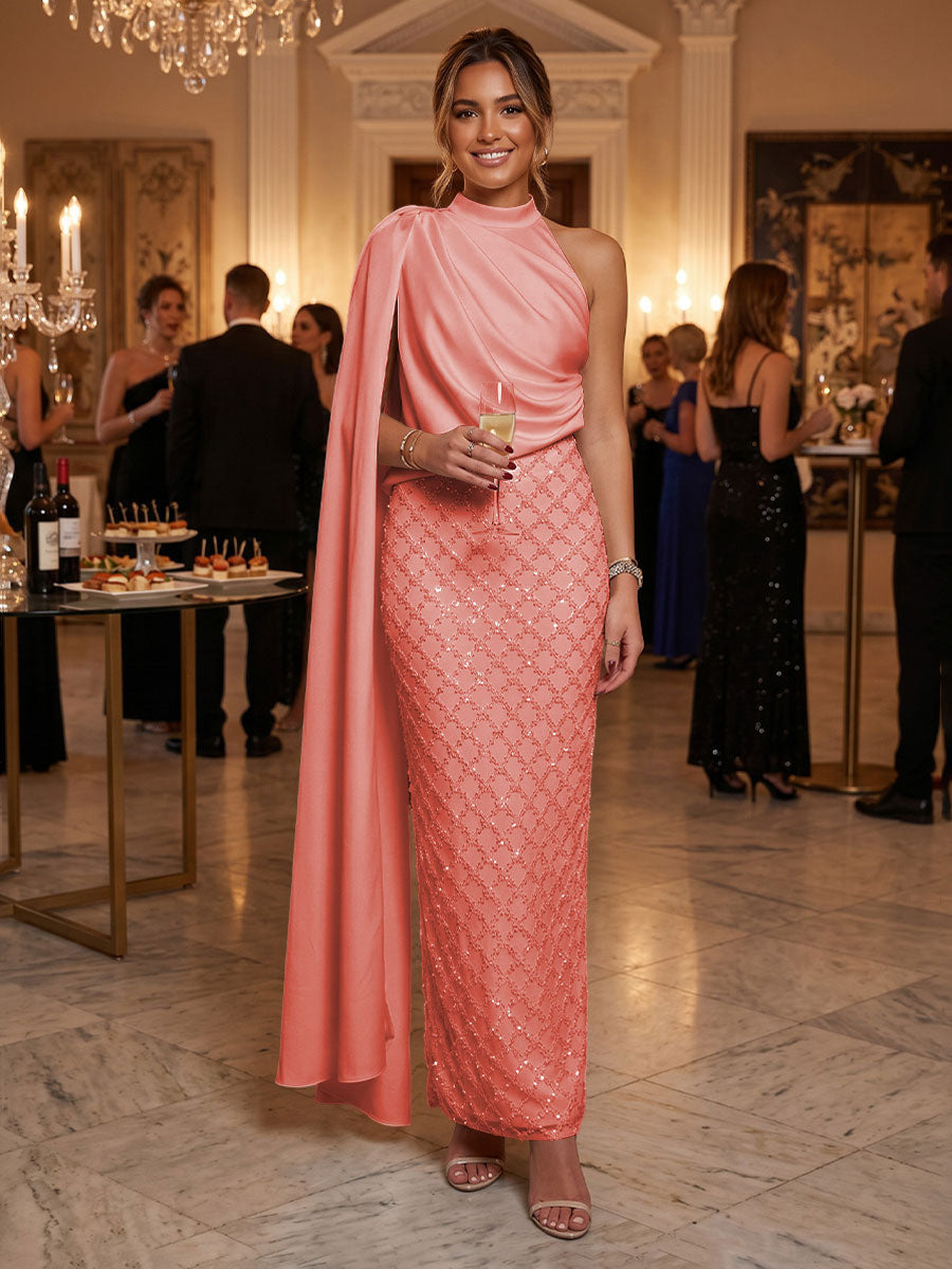 Sequin Sheath/Column One Shoulder Floor-Length Formal Dresses with Side Draped Sash