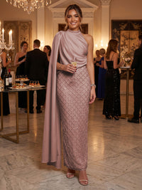 Sequin Sheath/Column One Shoulder Floor-Length Formal Dresses with Side Draped Sash