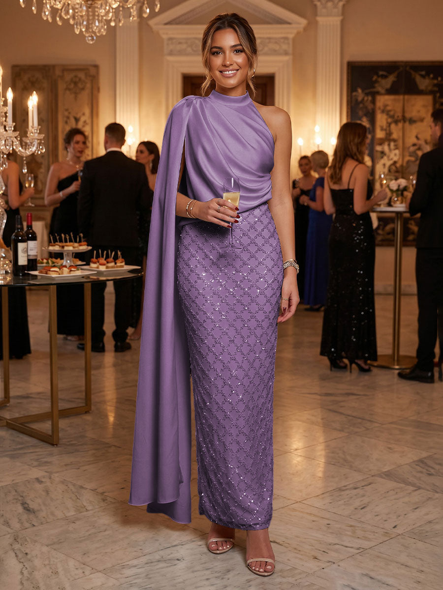 Sequin Sheath/Column One Shoulder Floor-Length Formal Dresses with Side Draped Sash