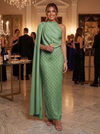Sequin Sheath/Column One Shoulder Floor-Length Formal Dresses with Side Draped Sash