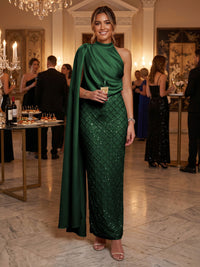Sequin Sheath/Column One Shoulder Floor-Length Formal Dresses with Side Draped Sash