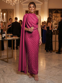 Sequin Sheath/Column One Shoulder Floor-Length Formal Dresses with Side Draped Sash