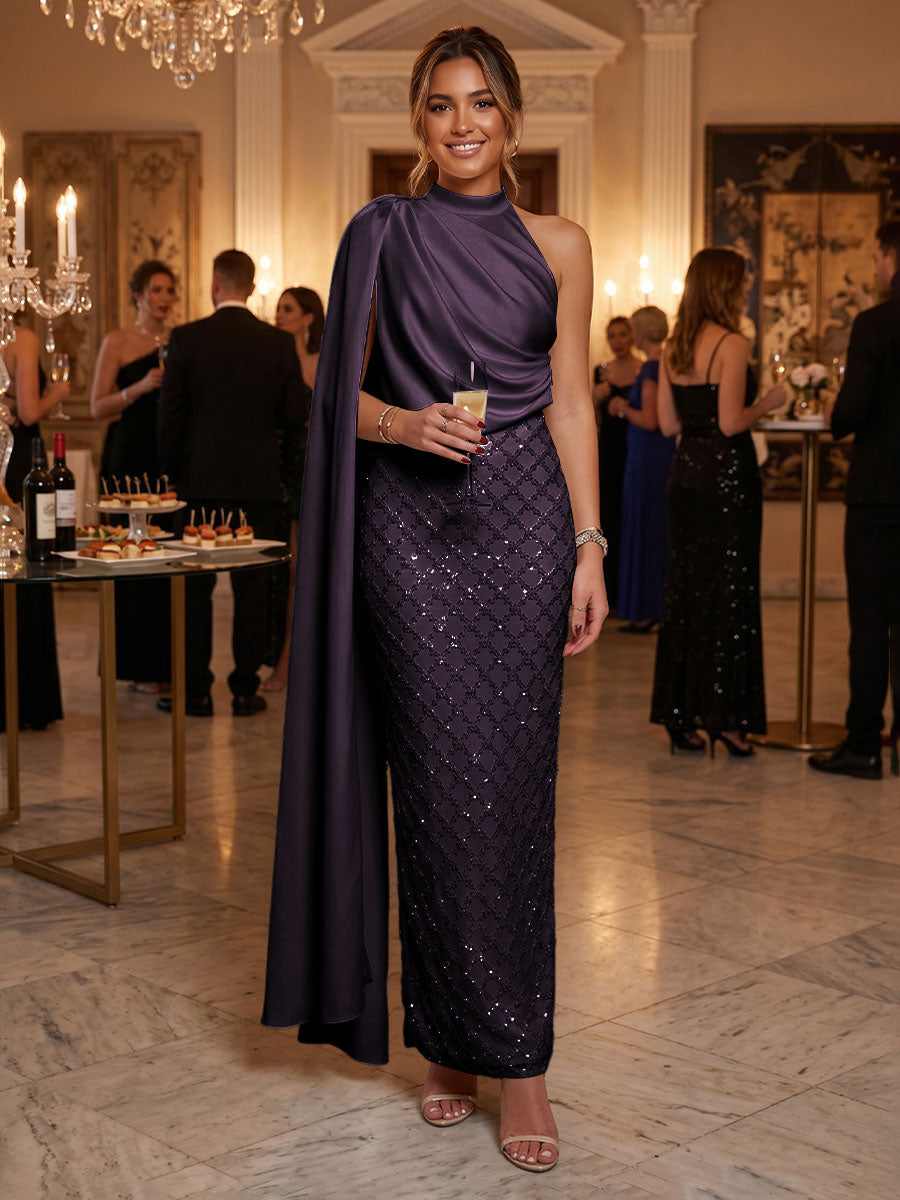 Sequin Sheath/Column One Shoulder Floor-Length Formal Dresses with Side Draped Sash