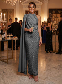 Sequin Sheath/Column One Shoulder Floor-Length Formal Dresses with Side Draped Sash