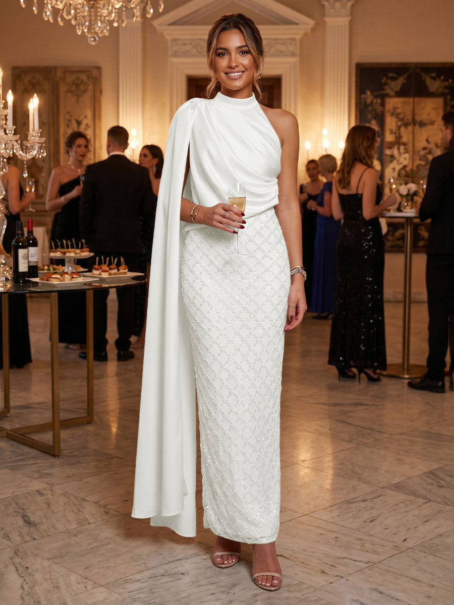 Sequin Sheath/Column One Shoulder Floor-Length Formal Dresses with Side Draped Sash