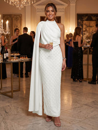 Sequin Sheath/Column One Shoulder Floor-Length Formal Dresses with Side Draped Sash