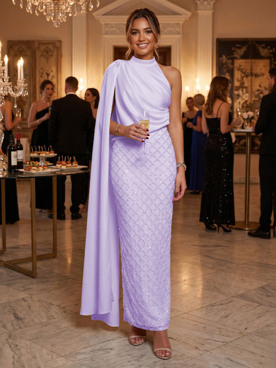 Sequin Sheath/Column One Shoulder Floor-Length Formal Dresses with Side Draped Sash