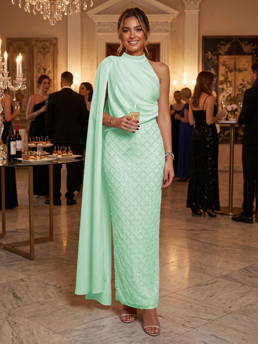 Sequin Sheath/Column One Shoulder Floor-Length Formal Dresses with Side Draped Sash