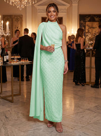 Sequin Sheath/Column One Shoulder Floor-Length Formal Dresses with Side Draped Sash